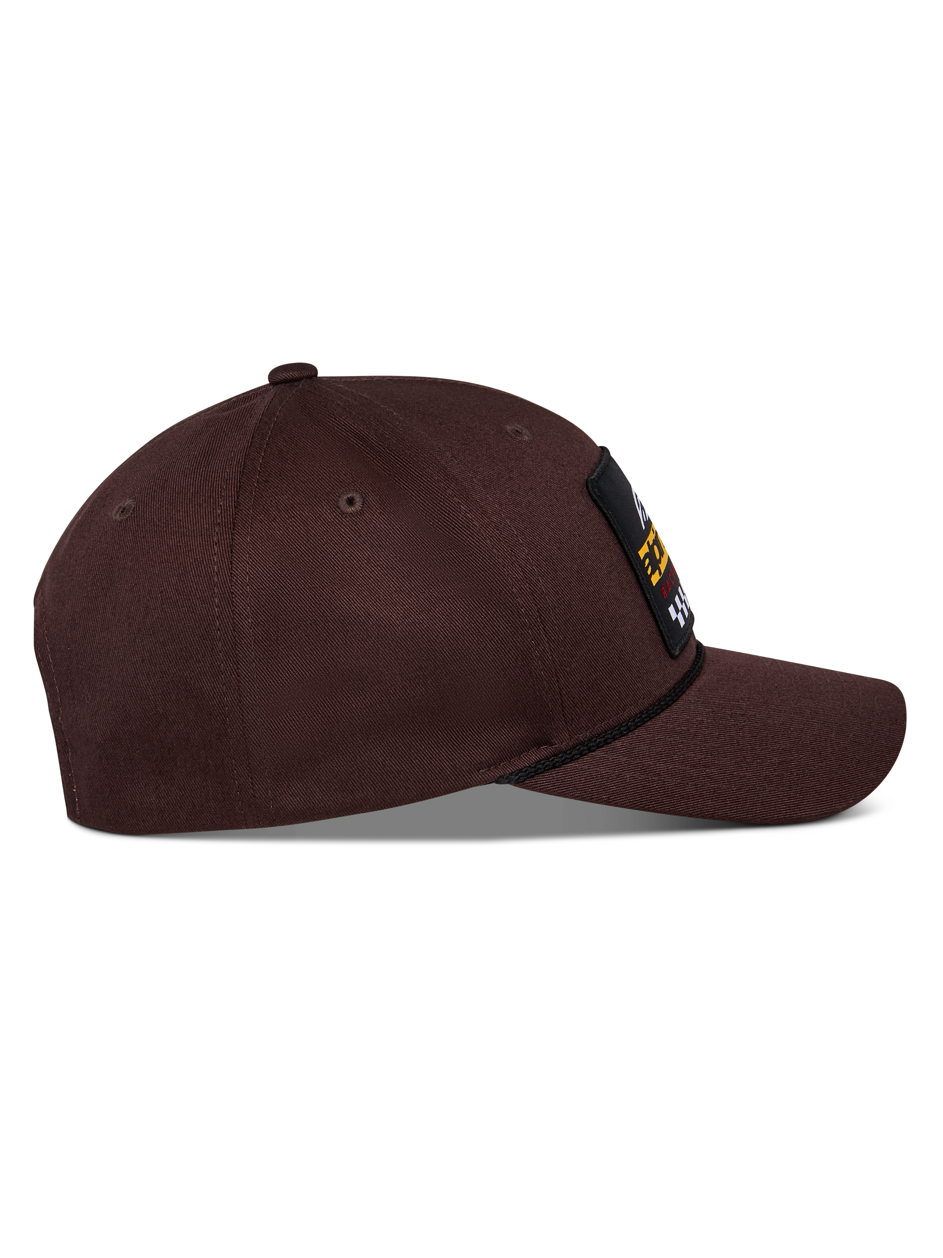 Alpinestars Matrix Snapback Hat, Dark Brown, side view featuring curved bill, structured crown, and front logo patch with rope detail, casual motorsport-inspired headwear