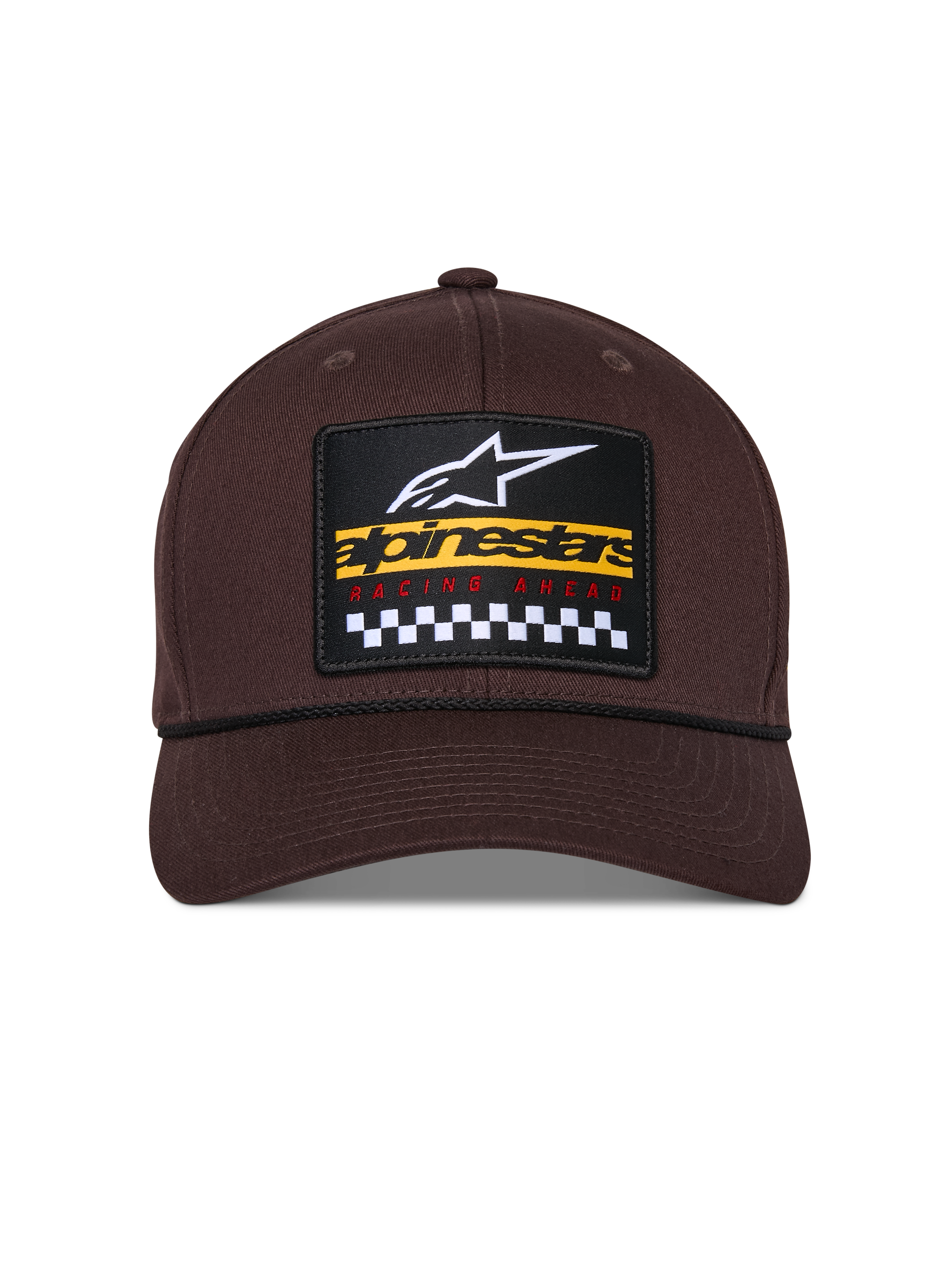 Alpinestars Matrix Snapback Hat, Brown, front view with structured crown and curved bill, multi-color embroidered patch with Alpinestars branding and checkered racing motif, black rope detail, casual motorsport-inspired headwear
