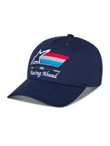 Alpinestars Trifecta Snapback Hat, Navy Blue, curved bill with structured crown, front embroidered Astars logo with red, white, and light blue stripes, 'Racing Ahead' and 'Goal One Vision' white text, casual motorsport headwear
