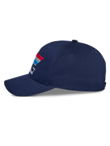 Alpinestars Trifecta Snapback Hat, Navy Blue, Side View, Featuring Curved Bill and Tri-Color Stripe Graphic with White Text, Casual Motorsport Headwear