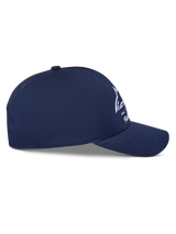 Alpinestars Trifecta Snapback Hat, Navy Blue Solid, side profile view showing curved bill and structured crown, white Astars logo with tri-color stripes, cotton twill fabric, casual motorsport streetwear