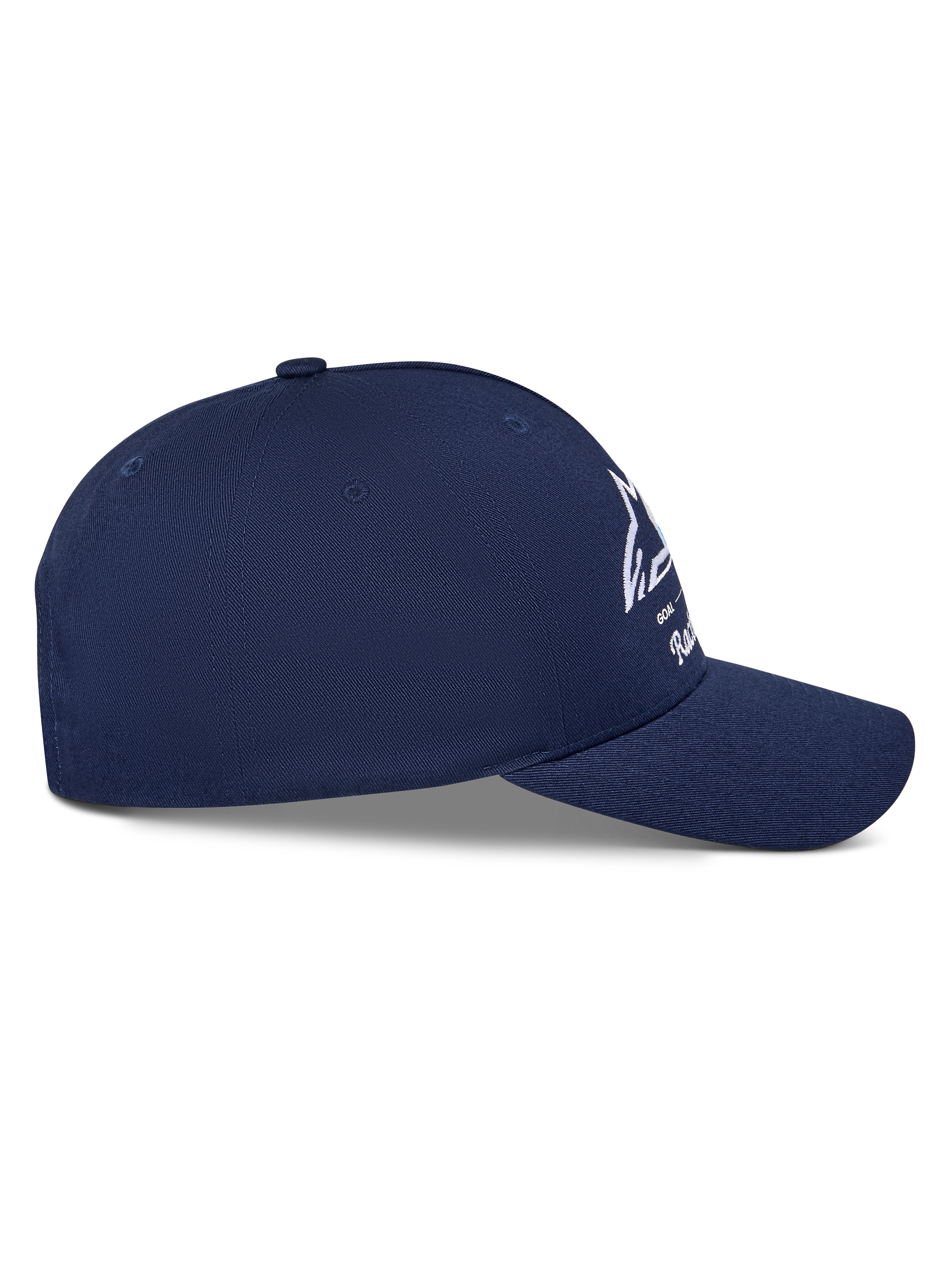 Alpinestars Trifecta Snapback Hat, Navy Blue Solid, side profile view showing curved bill and structured crown, white Astars logo with tri-color stripes, cotton twill fabric, casual motorsport streetwear