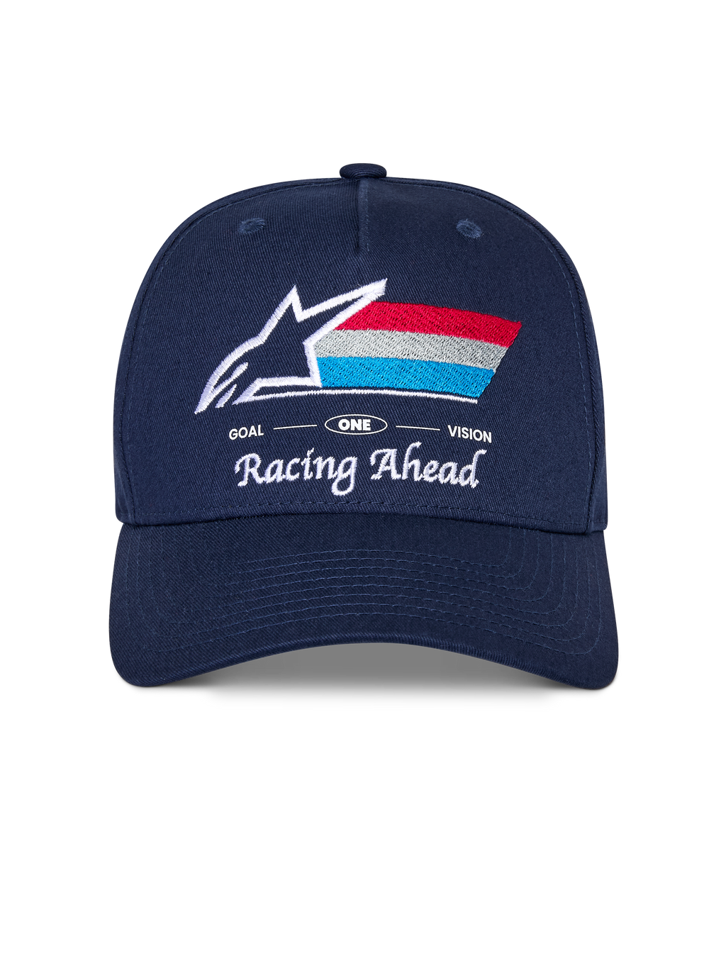 Alpinestars Trifecta Snapback Hat, Navy Blue cap with curved bill, featuring embroidered front logo with white star and tri-color stripes, 'Racing Ahead' and 'Goal One Vision' white text, structured crown, casual motorsport-inspired headwear