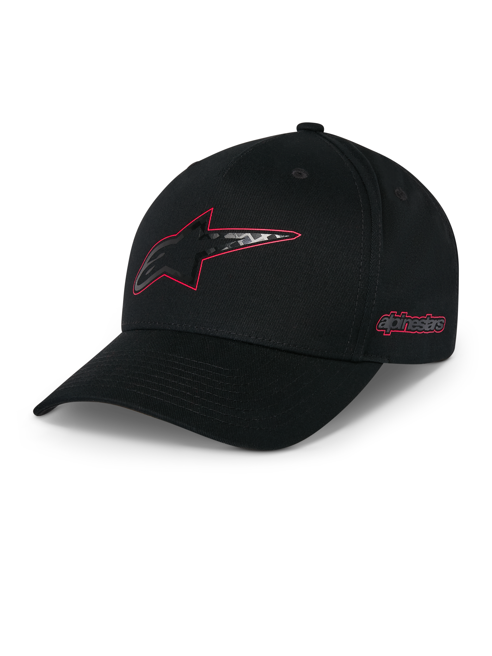 Alpinestars Trifecta Snapback Hat, Black Snapback Cap, Curved Bill and Structured Crown, Front Astars Logo with Pink Outline and Carbon Fiber Pattern, Pink Side Branding, Casual Motorsport Streetwear