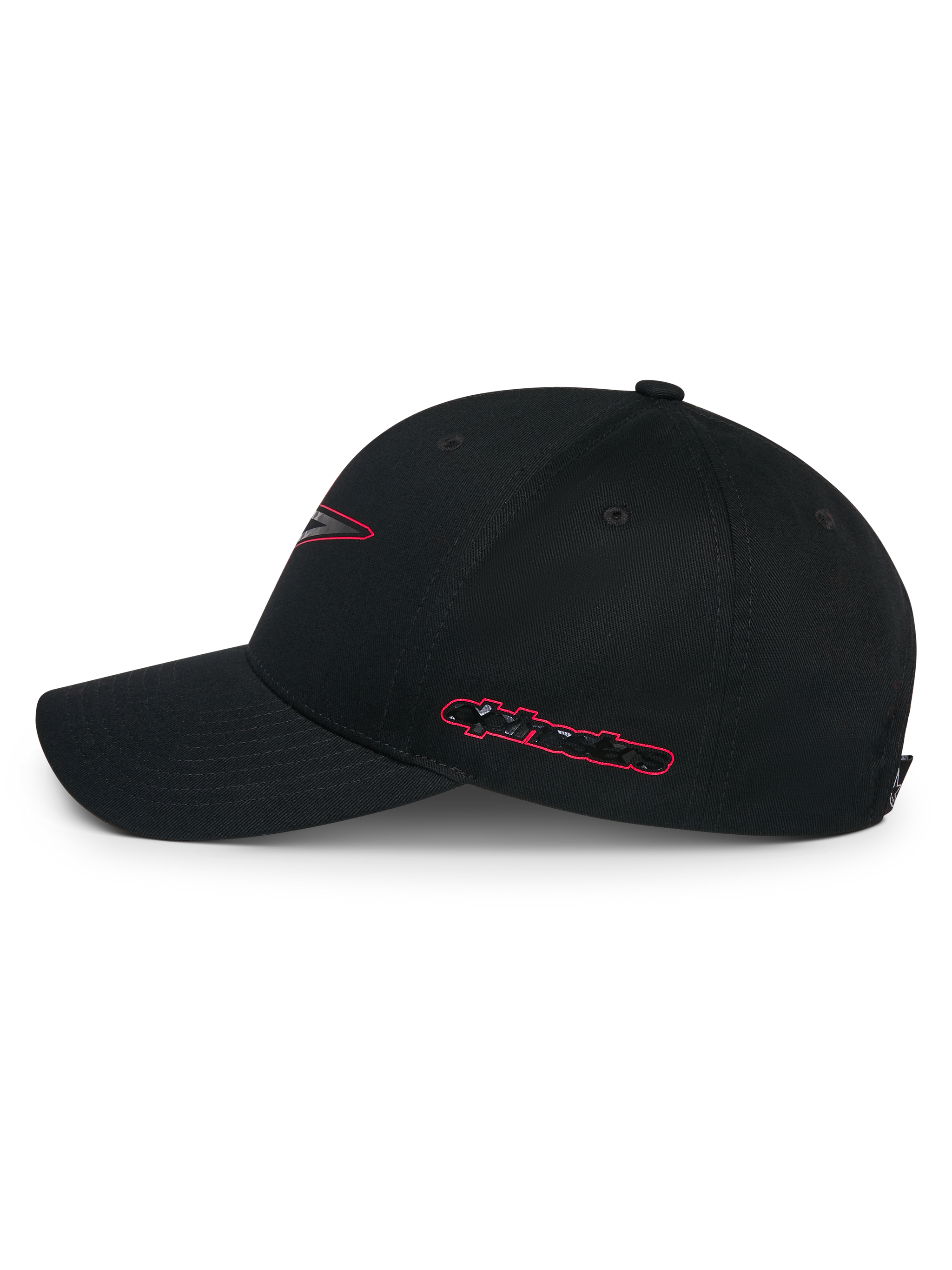 Alpinestars Trifecta Snapback Hat, Black, side profile view, curved bill and structured crown, side Alpinestars logo with red outline and carbon fiber texture, casual motorsport streetwear