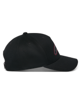 Alpinestars Trifecta Snapback Hat, side profile view, Black, curved bill with structured crown, 100% cotton twill fabric, partial Astars logo with tri-color detail on the front, casual motorsport streetwear