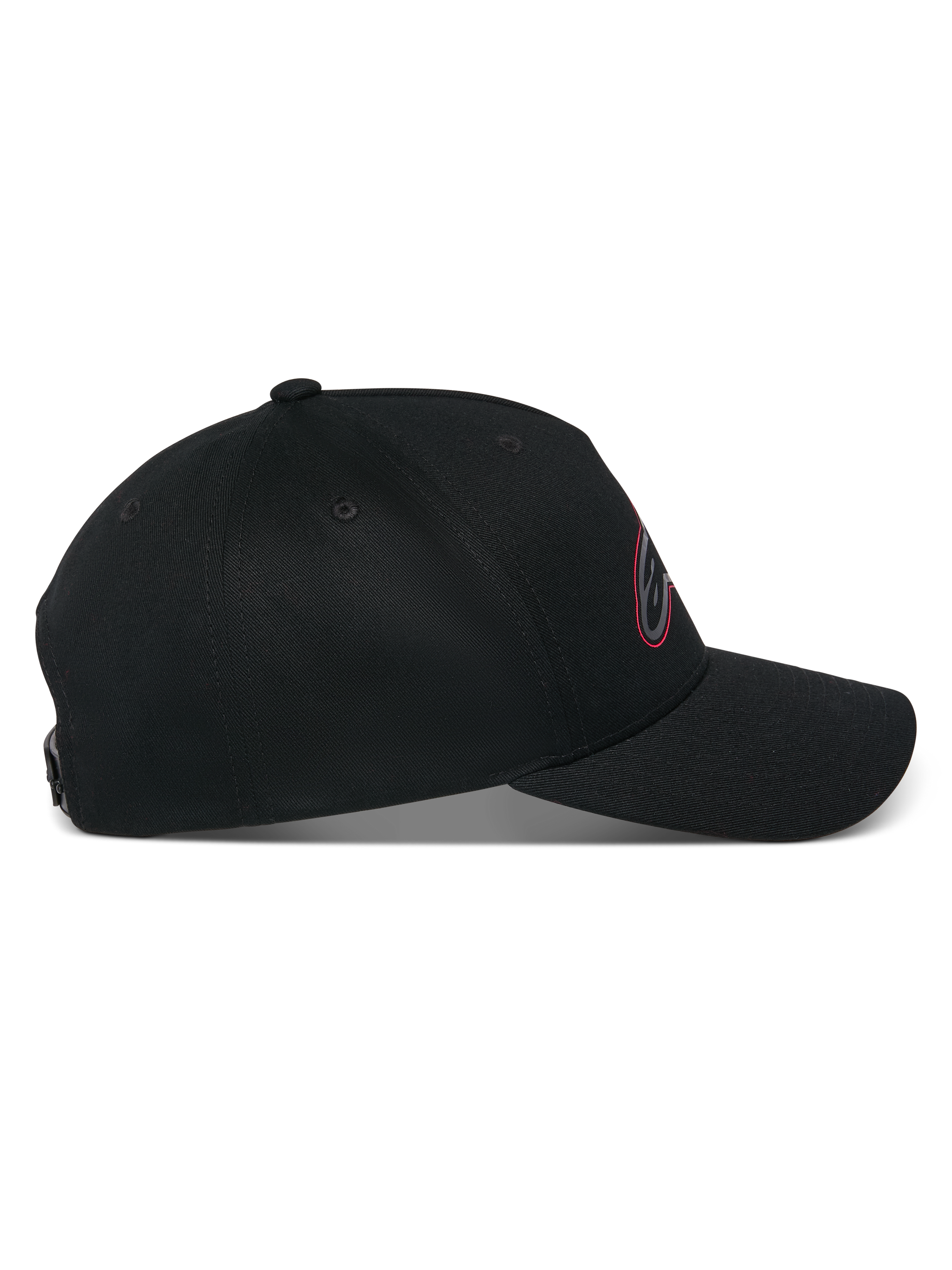 Alpinestars Trifecta Snapback Hat, side profile view, Black, curved bill with structured crown, 100% cotton twill fabric, partial Astars logo with tri-color detail on the front, casual motorsport streetwear