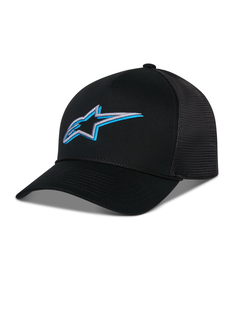 Alpinestars Ageless Shadow Trucker Hat, Black with blue and silver 3D embroidered star logo, features a curved bill and breathable mesh back panels, casual motorsport-inspired headwear