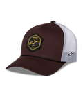 Alpinestars Hexeon Trucker Hat, Brown and White, curved bill with structured dark brown front and white mesh back, featuring a black hexagon front patch with yellow logo, side embroidered logo, and classic trucker styling.