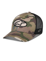 Alpinestars Oblique Camo Trucker Hat, Green Camo and Black, twill camouflage front with black mesh back, front oval Alpinestars logo patch, curved bill, casual motorsport headwear