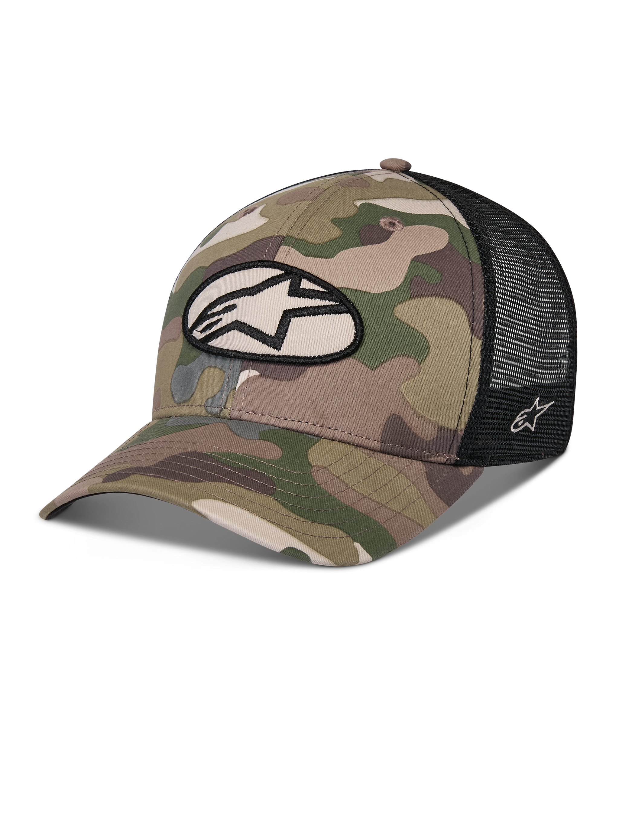Alpinestars Oblique Camo Trucker Hat, Green Camo and Black, twill camouflage front with black mesh back, front oval Alpinestars logo patch, curved bill, casual motorsport headwear