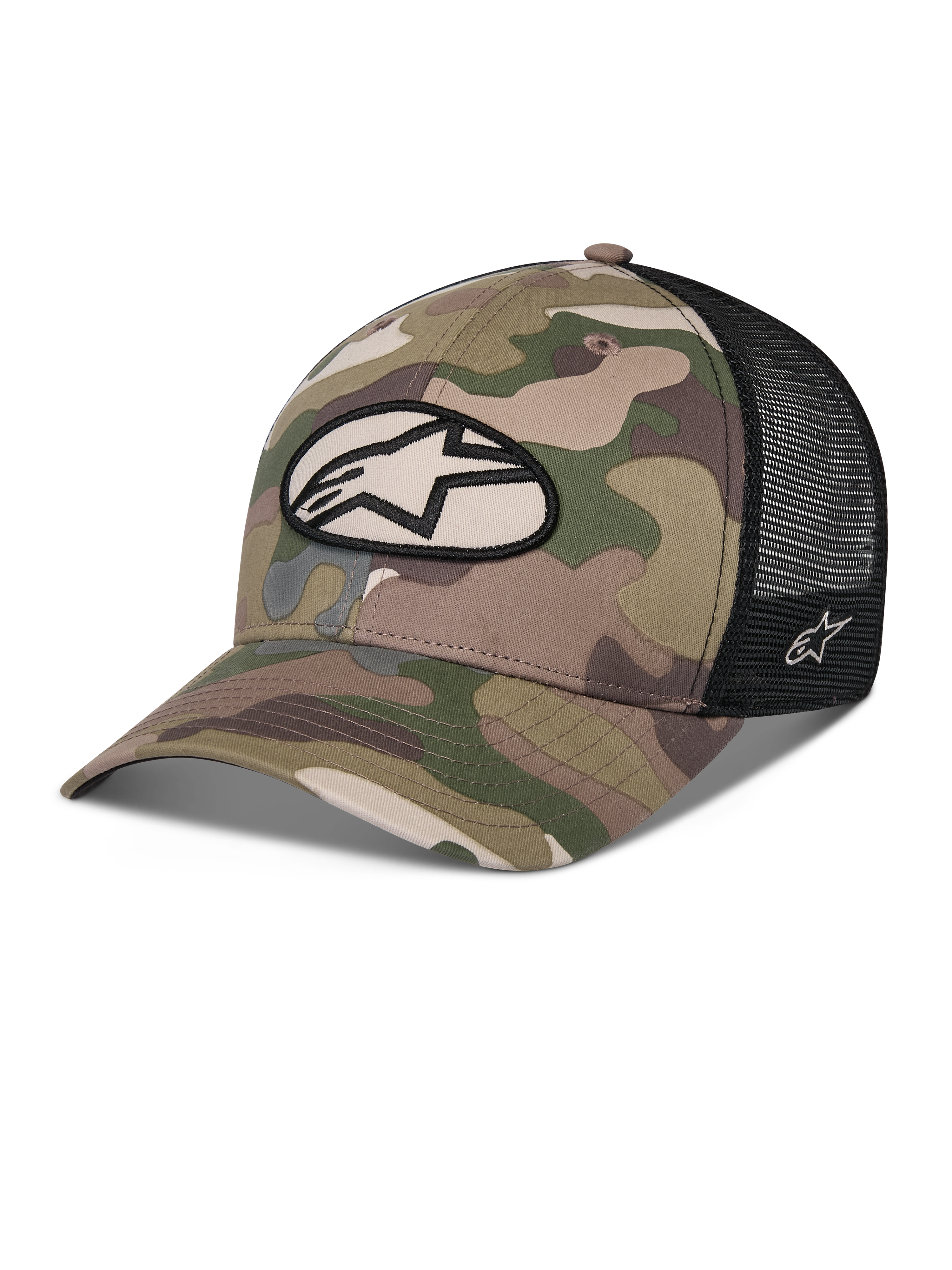 Alpinestars Oblique Camo Trucker Hat, Green Camo and Black, twill camouflage front with black mesh back, front oval Alpinestars logo patch, curved bill, casual motorsport headwear