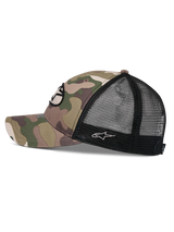 Alpinestars Oblique Camo Trucker Hat, Green Camo and Black, side profile showing a structured twill crown with camouflage pattern, curved bill, and black mesh back with a small white embroidered logo, casual motorsport headwear