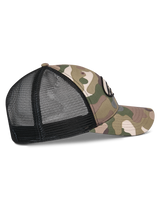 Alpinestars Oblique Camo Trucker Hat, side view, Green Camo and Black, curved bill, camo twill front panel with black mesh back, structured crown, casual motorsport headwear