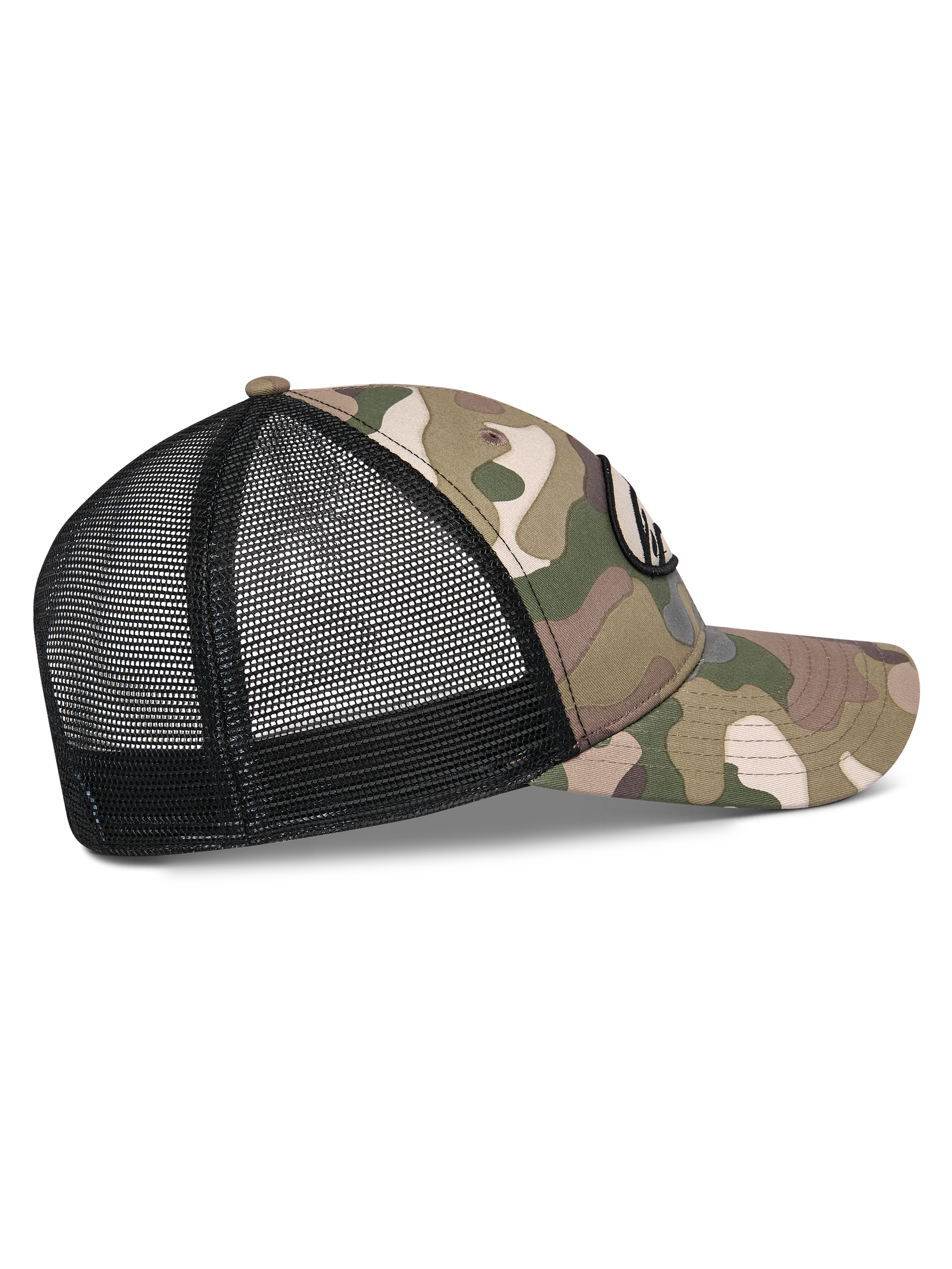 Alpinestars Oblique Camo Trucker Hat, side view, Green Camo and Black, curved bill, camo twill front panel with black mesh back, structured crown, casual motorsport headwear