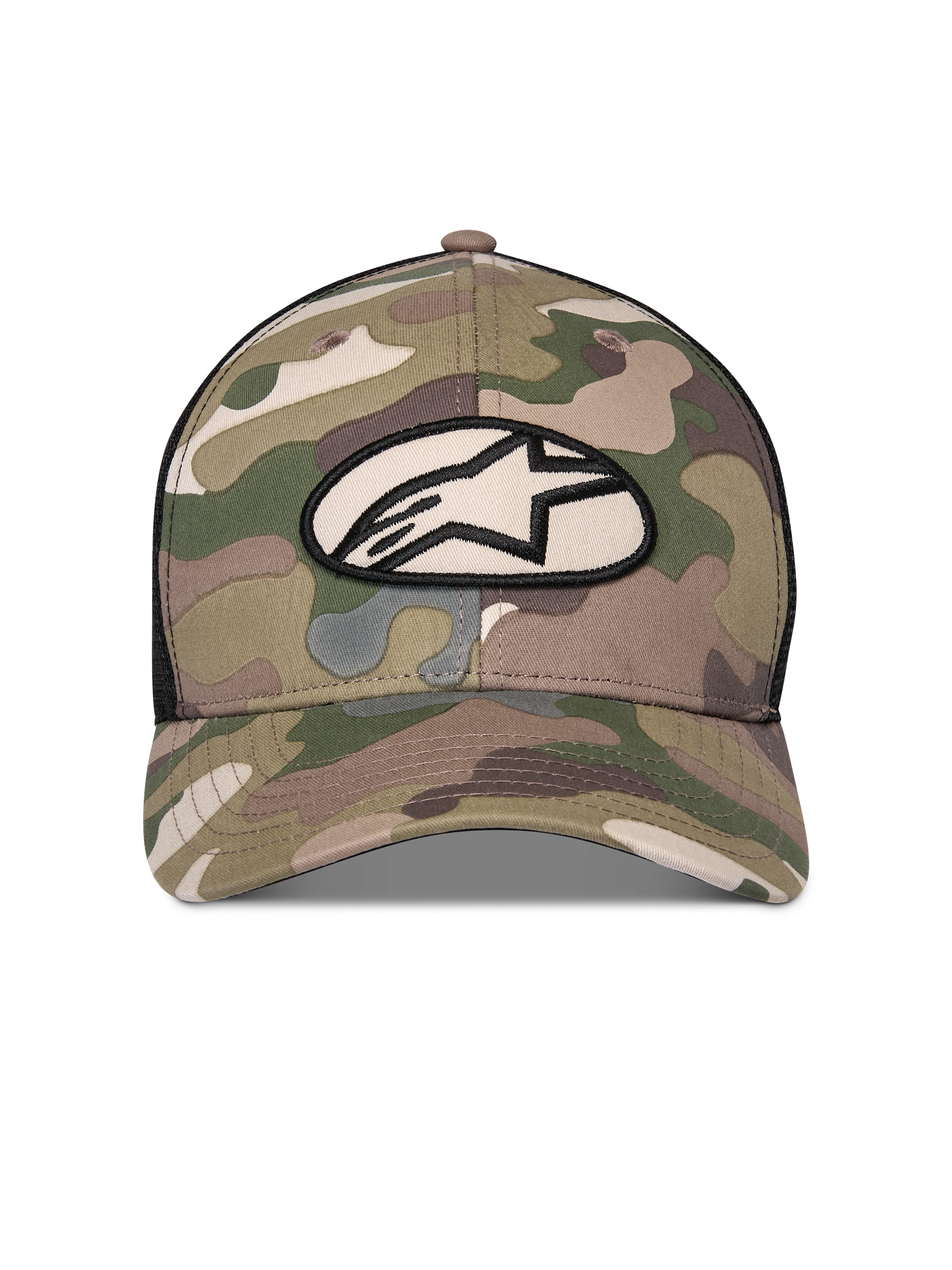 Alpinestars Oblique Camo Trucker Hat, Green Camo and Black, front view featuring a camouflage pattern twill crown with an oval embroidered Astars logo patch, curved bill, and black mesh back, casual motorsport headwear.