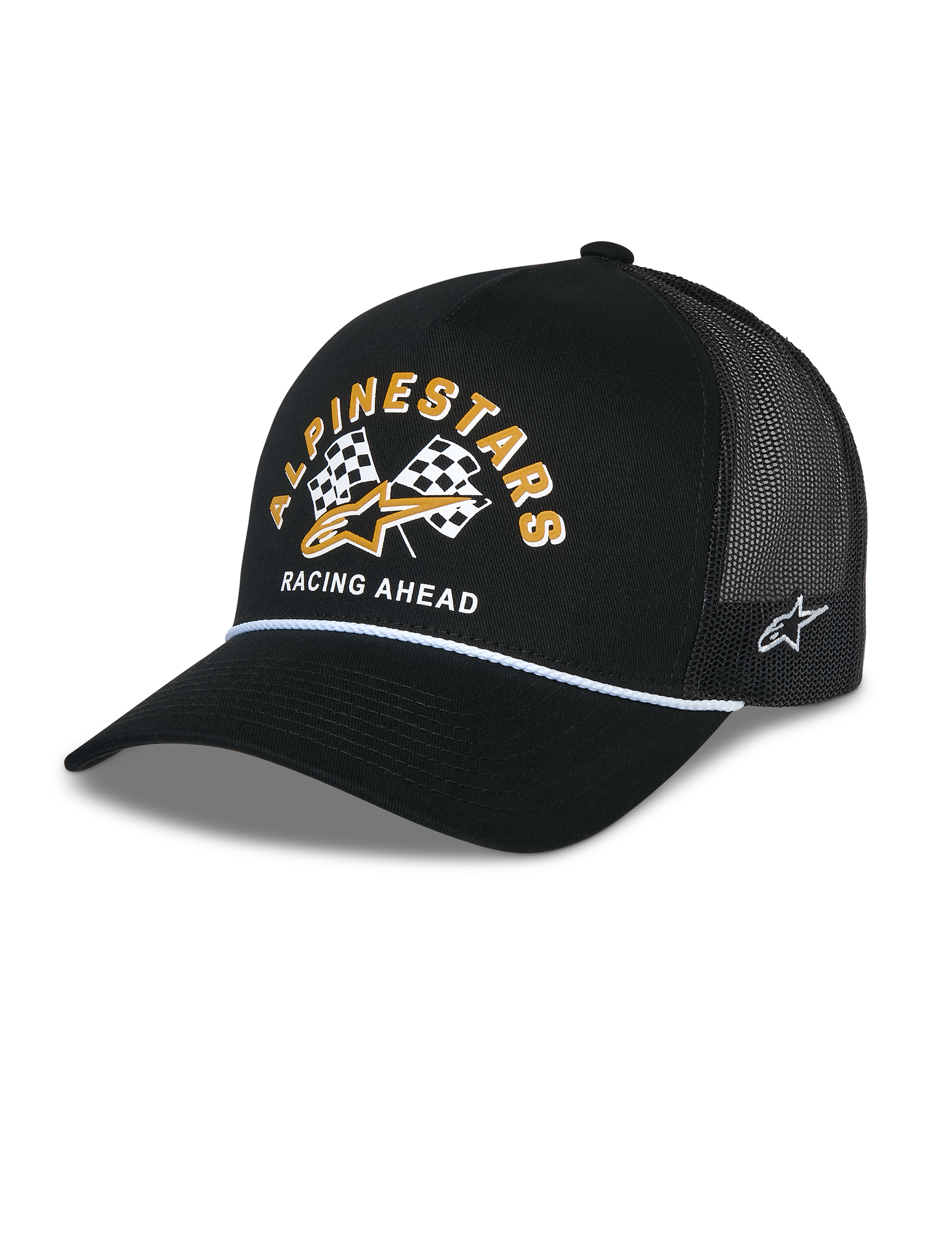 Alpinestars Finisher Trucker Hat, black trucker cap with breathable mesh back, curved bill with white rope accent, features front graphic with yellow Alpinestars lettering and checkered flags, side embroidered star logo, casual motorsport-inspired headwear