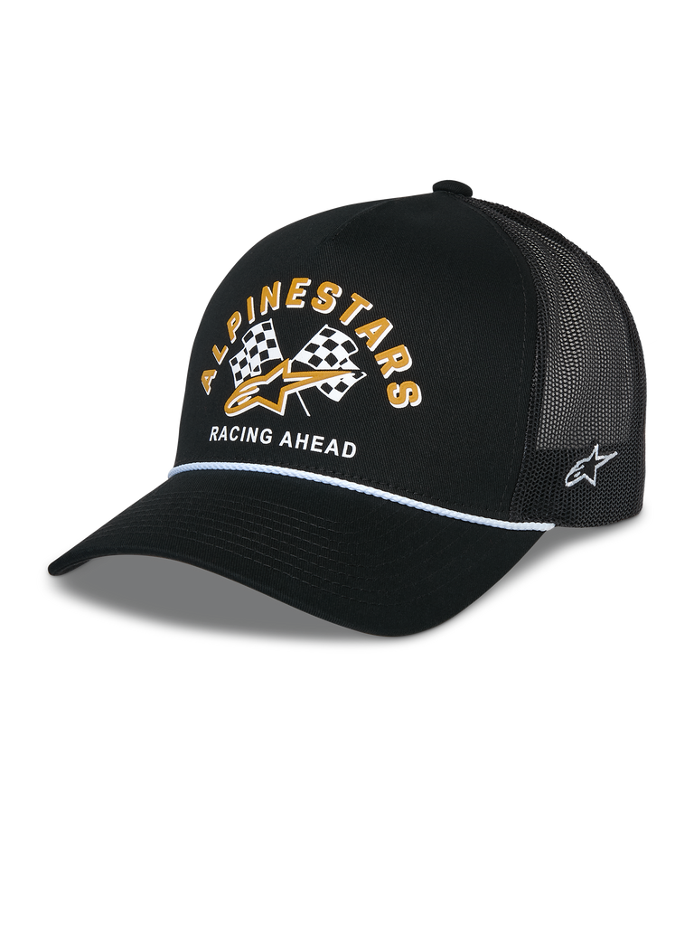 Alpinestars Finisher Trucker Hat, black trucker cap with breathable mesh back, curved bill with white rope accent, features front graphic with yellow Alpinestars lettering and checkered flags, side embroidered star logo, casual motorsport-inspired headwear