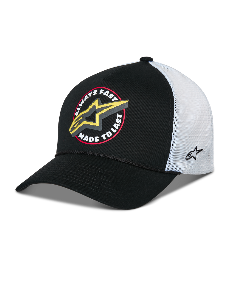 Alpinestars Aorbit Trucker Hat, Black and White Snapback Cap, featuring a front 'Always Fast Made to Last' graphic with a yellow Astars logo, white mesh back with side embroidery, and a curved bill