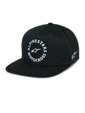 Alpinestars MX Snapback Hat, Black flat bill cap, structured crown, white circular Alpinestars Motocross front graphic, embroidered side Astars logo, 100% cotton twill, casual motorsport sportswear