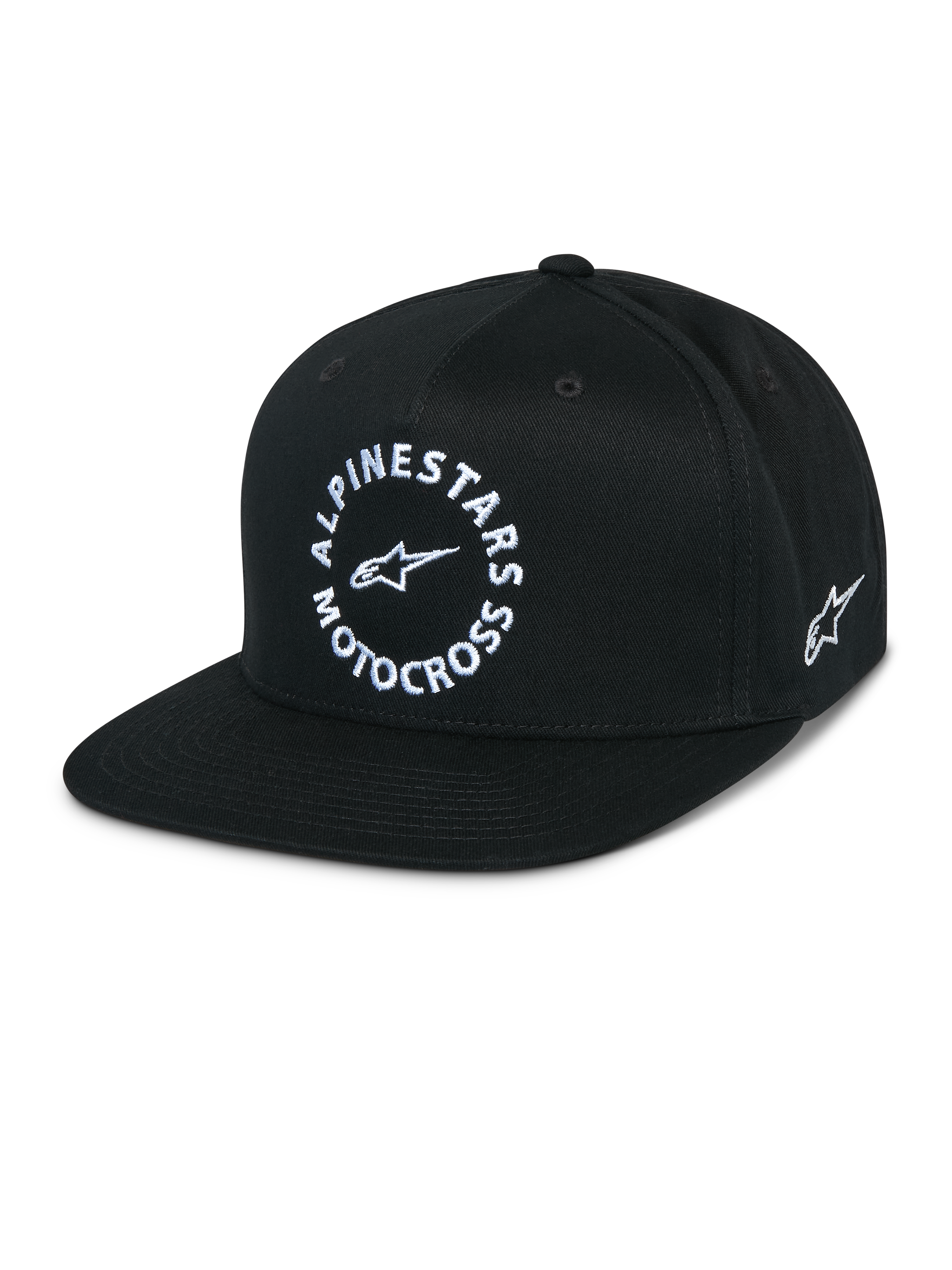 Alpinestars MX Snapback Hat, Black flat bill cap, structured crown, white circular Alpinestars Motocross front graphic, embroidered side Astars logo, 100% cotton twill, casual motorsport sportswear