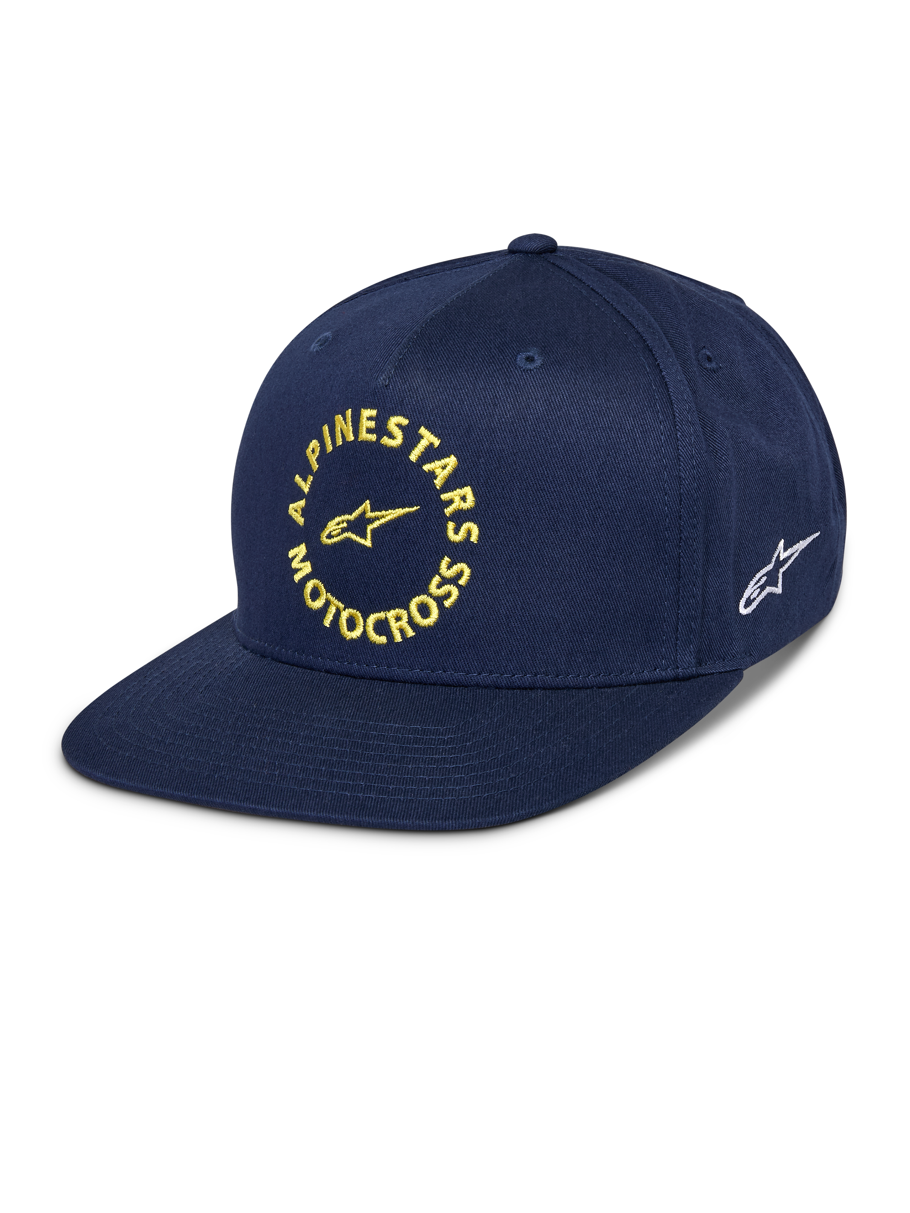 Alpinestars MX Snapback Hat, Navy Blue, Flat Bill with Structured Crown, Front Yellow Embroidered Alpinestars Motocross Graphic, Side White Astars Logo, Cotton Twill, Casual Motorsport Headwear
