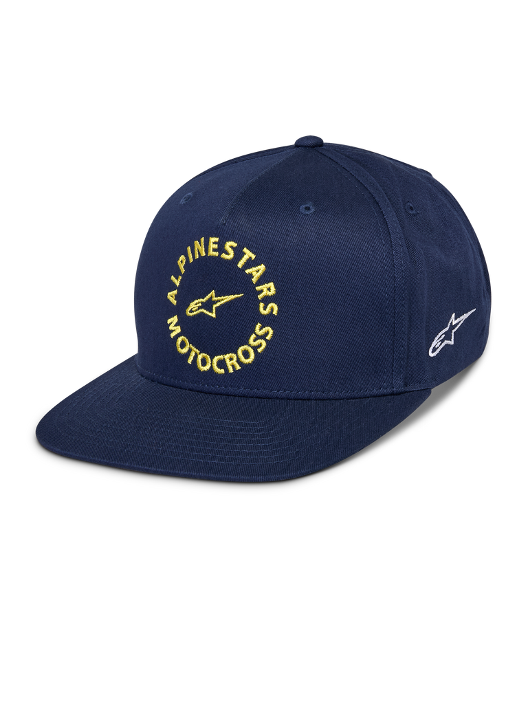 Alpinestars MX Snapback Hat, Navy Blue, Flat Bill with Structured Crown, Front Yellow Embroidered Alpinestars Motocross Graphic, Side White Astars Logo, Cotton Twill, Casual Motorsport Headwear