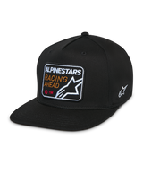 Alpinestars Intuitive Snapback Hat, Black, flat bill with structured crown, front embroidered patch featuring 'Alpinestars Racing Ahead' and logo, side white Astars logo, casual twill headwear