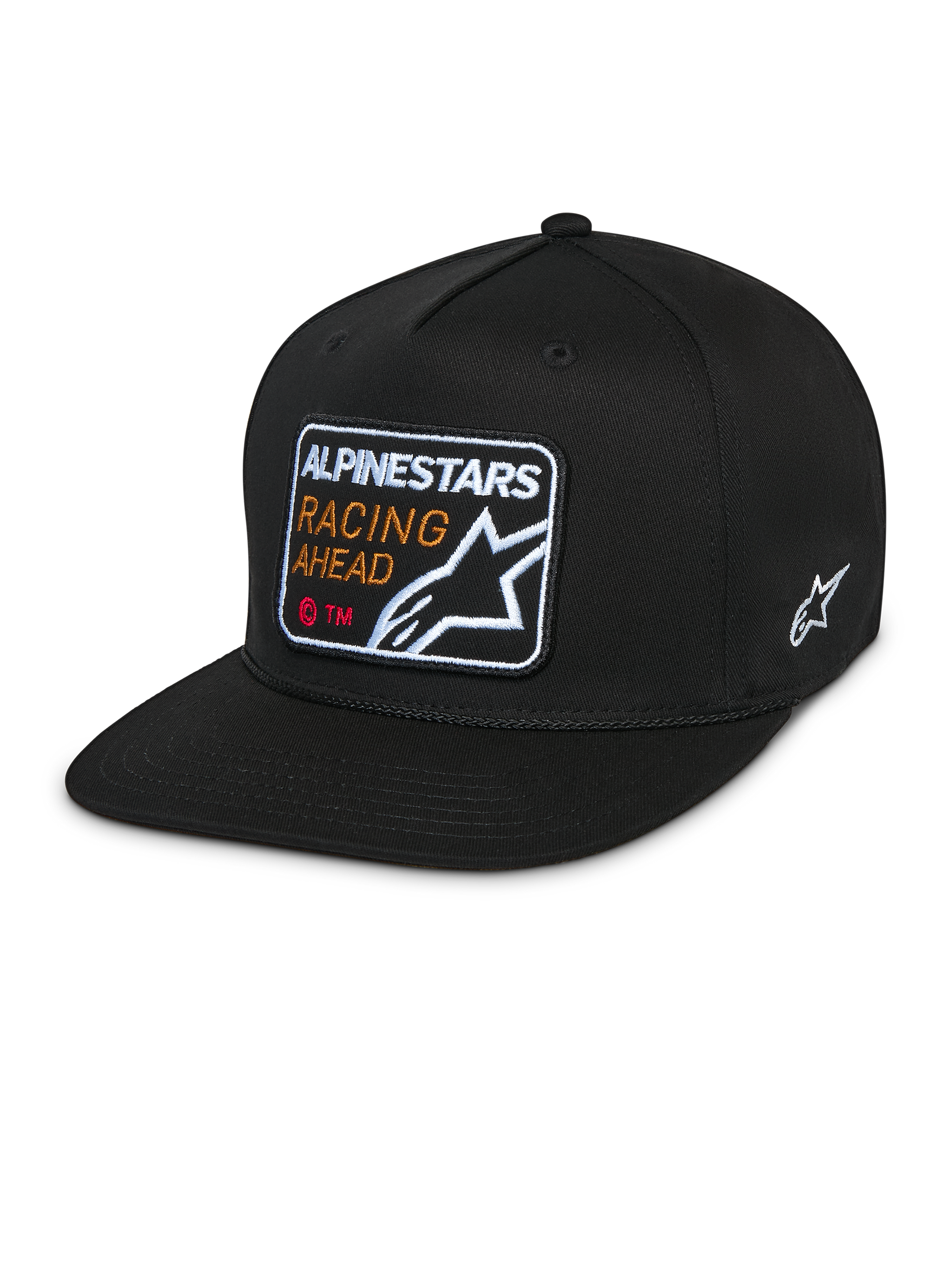 Alpinestars Intuitive Snapback Hat, Black, flat bill with structured crown, front embroidered patch featuring 'Alpinestars Racing Ahead' and logo, side white Astars logo, casual twill headwear