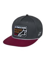 Alpinestars Intuitive Snapback Hat, casual motorsport headwear, dark grey structured crown with red flat bill, white rope detail, front embroidered patch featuring 'ALPINESTARS RACING AHEAD' and star logo, side white star embroidery