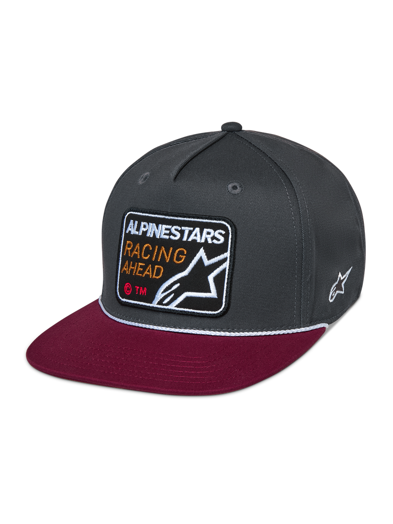 Alpinestars Intuitive Snapback Hat, casual motorsport headwear, dark grey structured crown with red flat bill, white rope detail, front embroidered patch featuring 'ALPINESTARS RACING AHEAD' and star logo, side white star embroidery