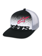 Alpinestars Component Trucker Hat, Black and White, flat bill with structured crown, breathable white mesh back, front panel featuring a red Astars logo outline and black wordmark with MX gradation design, casual motorsport headwear