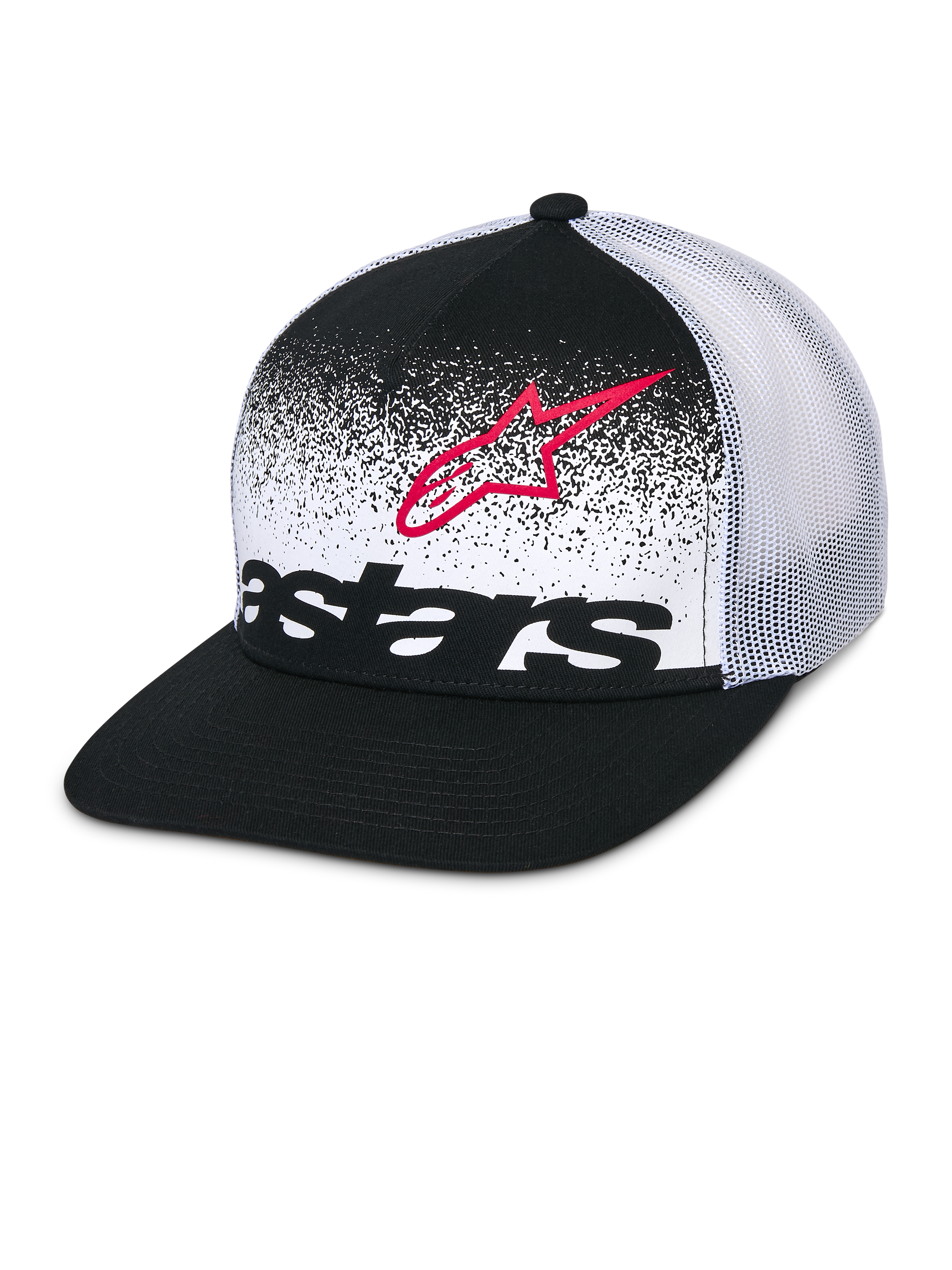 Alpinestars Component Trucker Hat, Black and White, flat bill with structured crown, breathable white mesh back, front panel featuring a red Astars logo outline and black wordmark with MX gradation design, casual motorsport headwear