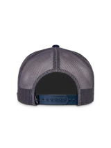 Alpinestars Component Trucker Hat, Back View, Navy and Grey, showing grey poly mesh panels and navy blue adjustable snapback closure, small black Astars logo tag, casual motorsport headwear