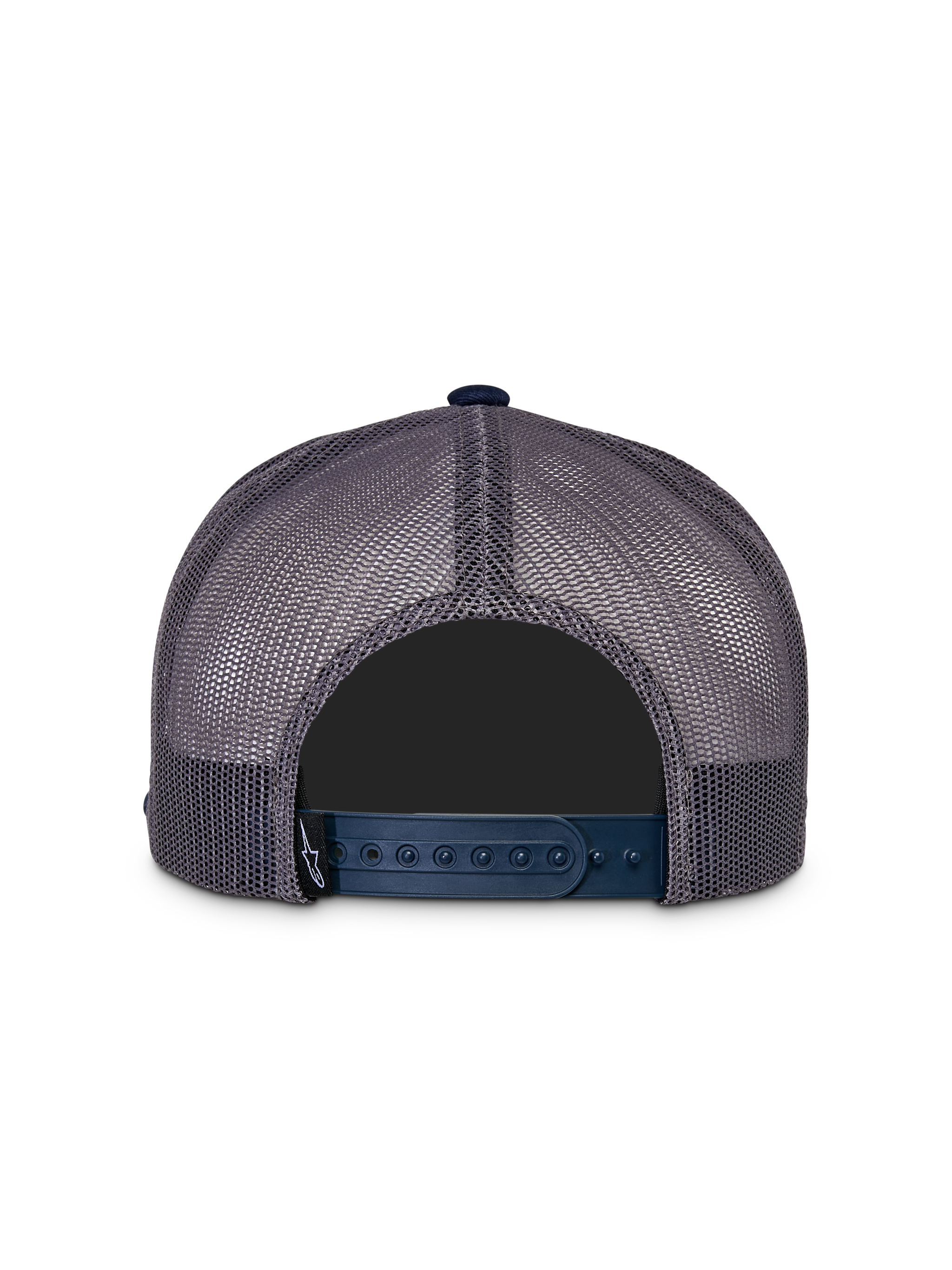 Alpinestars Component Trucker Hat, Back View, Navy and Grey, showing grey poly mesh panels and navy blue adjustable snapback closure, small black Astars logo tag, casual motorsport headwear