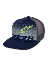 Alpinestars Component Trucker Hat, Navy and Grey, flat bill with structured crown, grey mesh back, featuring a lime green Astars logo outline and navy wordmark over a grey speckled MX gradation front panel.