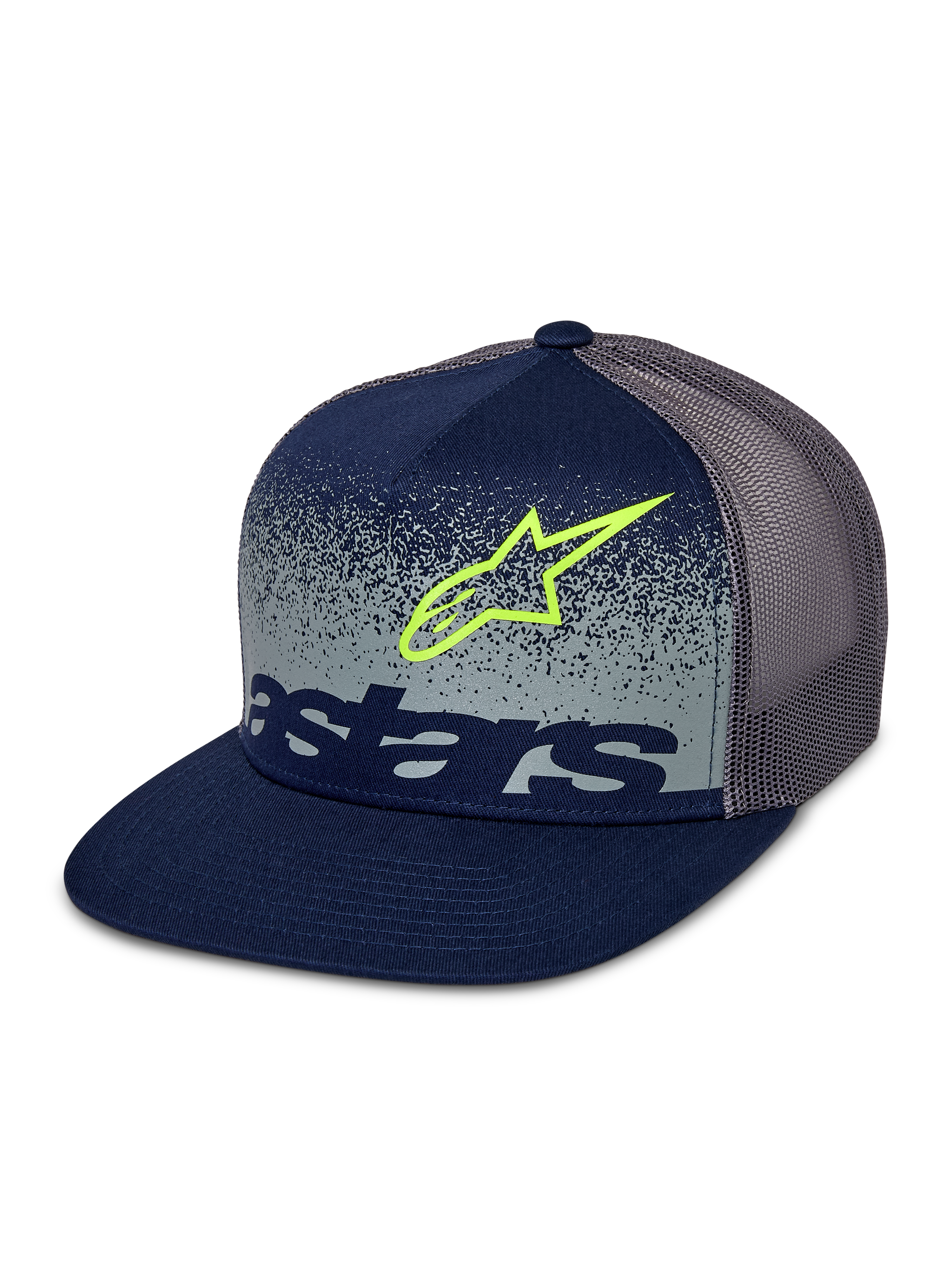 Alpinestars Component Trucker Hat, Navy and Grey, flat bill with structured crown, grey mesh back, featuring a lime green Astars logo outline and navy wordmark over a grey speckled MX gradation front panel.