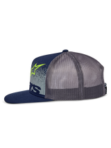 Alpinestars Component Trucker Hat, Side Profile, Navy and Grey, Flat Bill with Poly Mesh Back, Featuring Lime Green Astars Logo and Grey Side Panel with MX Gradation, Casual Motorsport Headwear