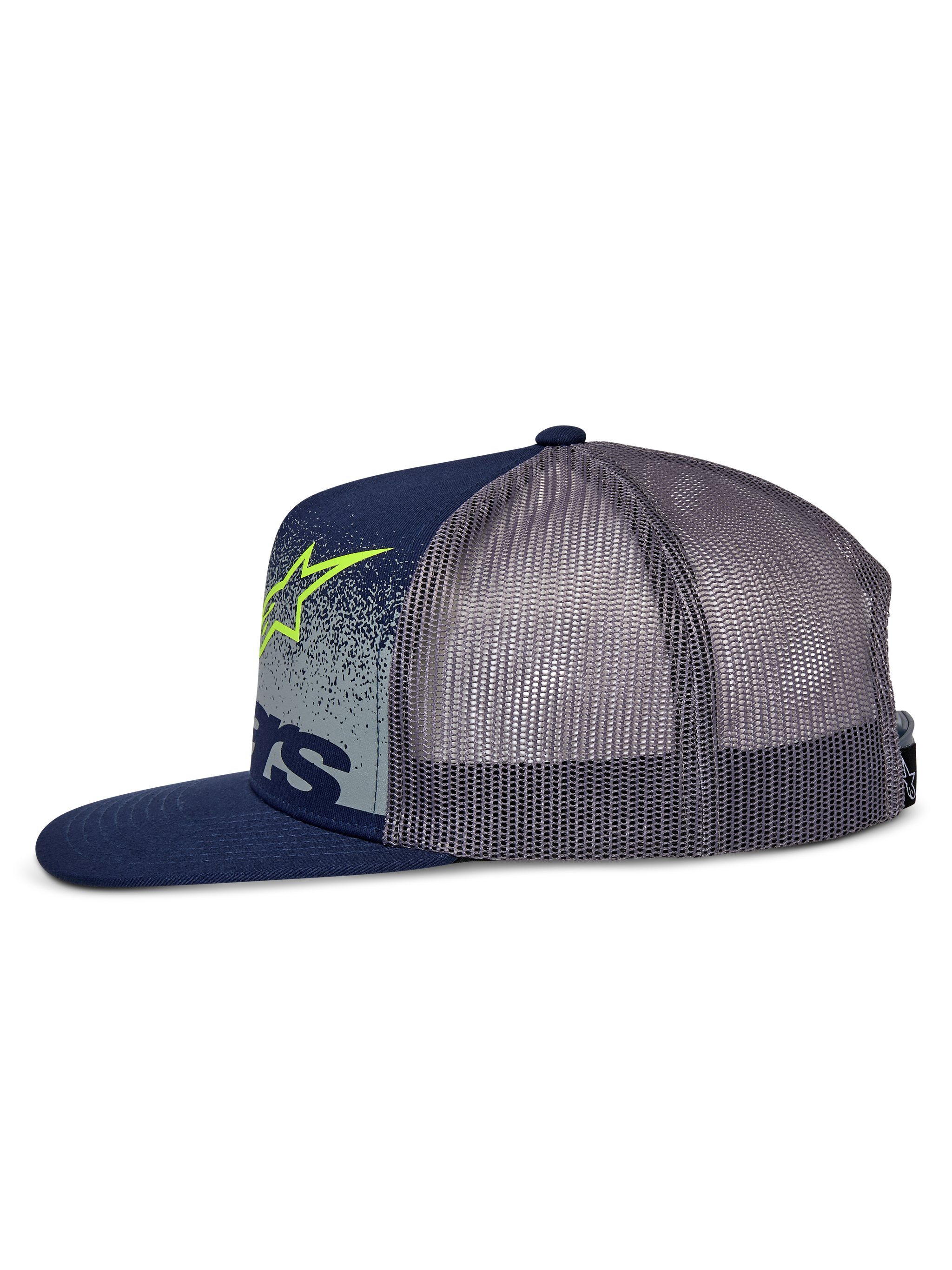 Alpinestars Component Trucker Hat, Side Profile, Navy and Grey, Flat Bill with Poly Mesh Back, Featuring Lime Green Astars Logo and Grey Side Panel with MX Gradation, Casual Motorsport Headwear