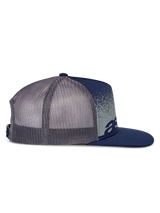 Alpinestars Component Trucker Hat, navy blue and grey, side profile, structured crown with flat bill, breathable grey mesh back, navy front panel with grey speckled MX gradation and Astars logo, casual motorsport lifestyle headwear