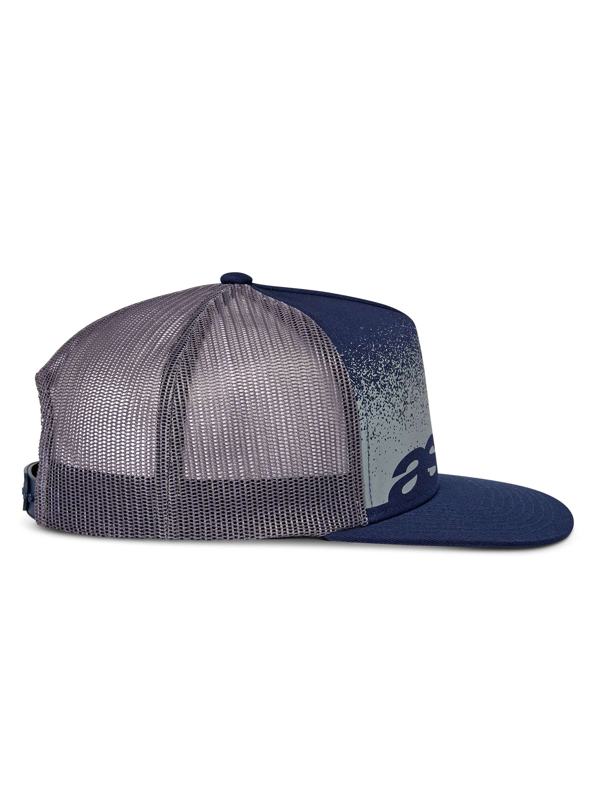 Alpinestars Component Trucker Hat, navy blue and grey, side profile, structured crown with flat bill, breathable grey mesh back, navy front panel with grey speckled MX gradation and Astars logo, casual motorsport lifestyle headwear