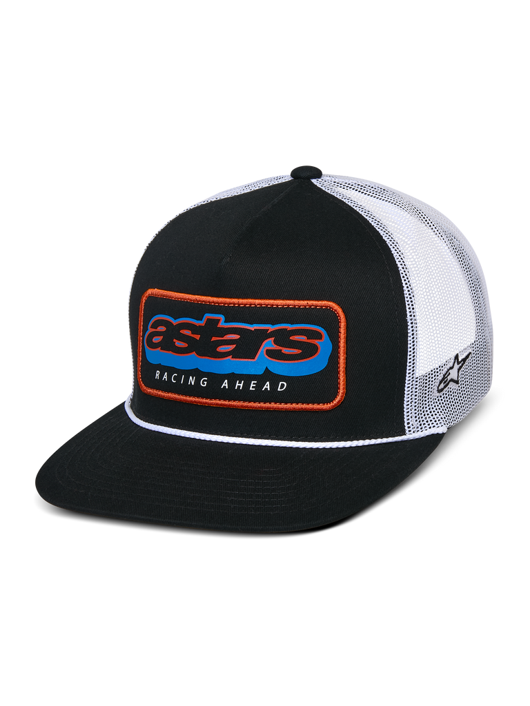 Alpinestars Phosphor Trucker Hat, Black and White, flat bill with structured crown and white rope detail, front Astars multi-color patch with orange border and "RACING AHEAD" text, breathable white mesh back with side logo embroidery