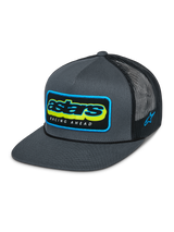 Alpinestars Phosphor Trucker Hat, Charcoal Black, Gray twill front with black mesh back, vibrant multi-color Astars logo with Racing Ahead text, flat bill, side logo embroidery, casual motorsport-inspired headwear