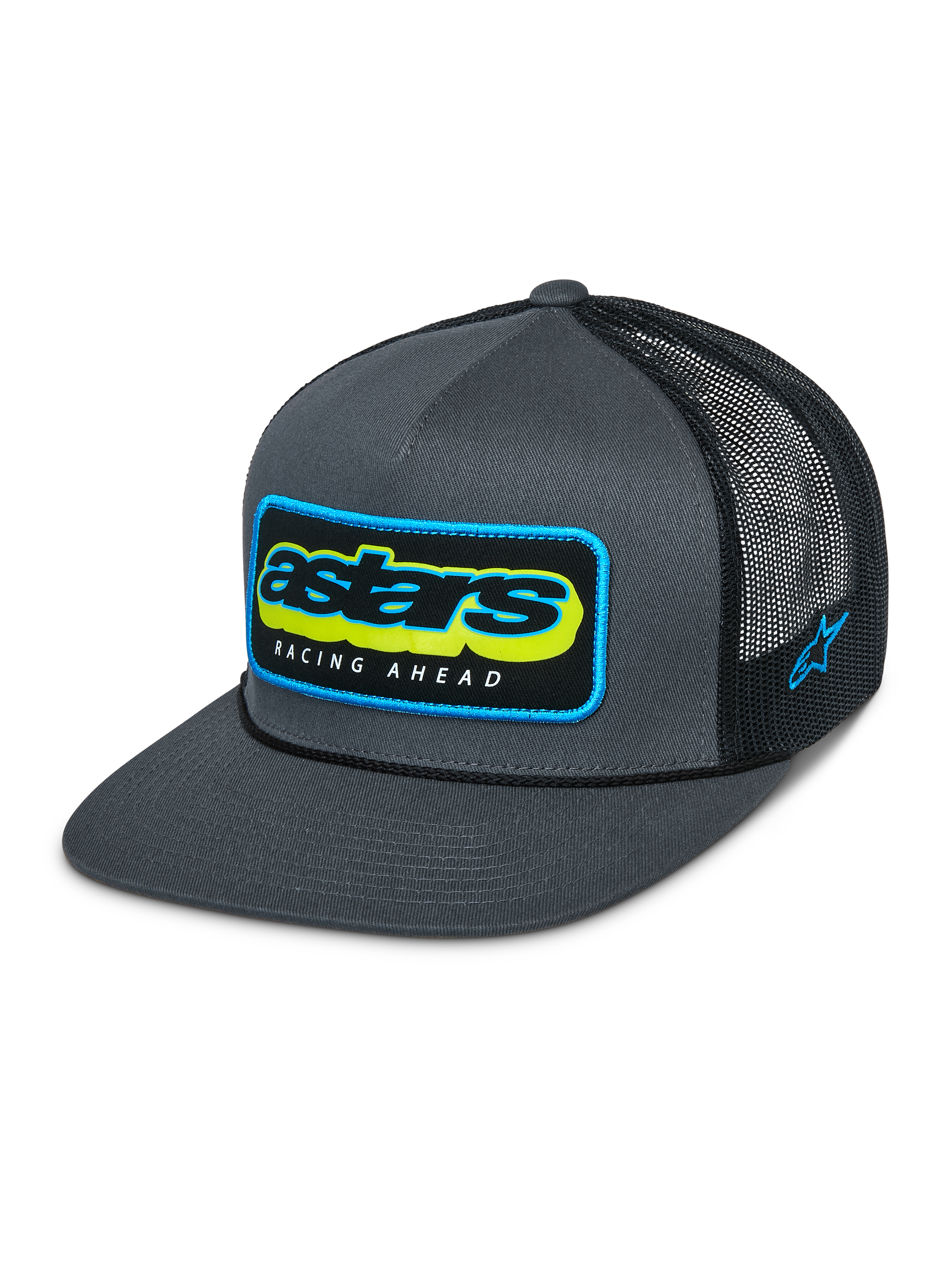 Alpinestars Phosphor Trucker Hat, Charcoal Black, Gray twill front with black mesh back, vibrant multi-color Astars logo with Racing Ahead text, flat bill, side logo embroidery, casual motorsport-inspired headwear
