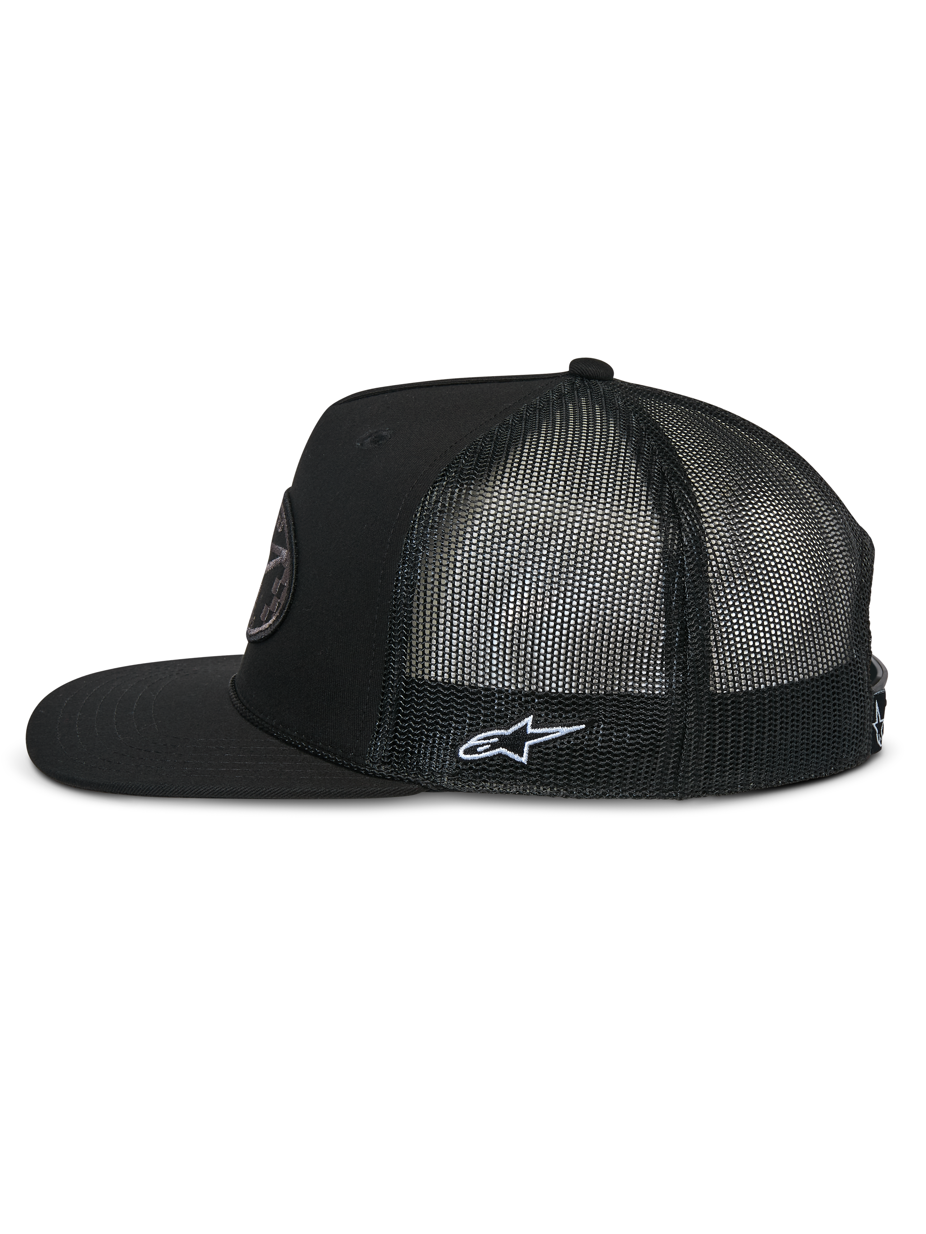 Alpinestars Contender Trucker Hat, side profile, Black, flat bill with structured crown, breathable poly mesh back, featuring white Astars logo embroidery on the side, casual motorsport-inspired headwear