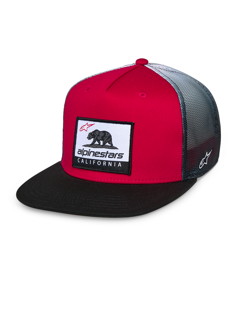 Alpinestars Cali Gradient Trucker Hat, Red Black and White, structured red crown with black flat bill, grey gradient mesh back, featuring a Cali Bear woven patch and side logo embroidery, casual motorsport headwear