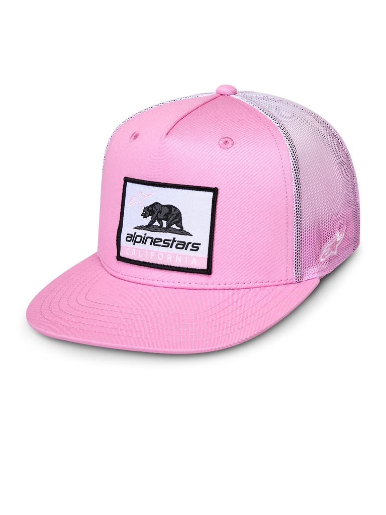 Alpinestars Cali Gradient Trucker Hat, Pink and White, flat bill cap with woven Cali Bear patch, pink twill front and gradient mesh back, casual sportswear headwear