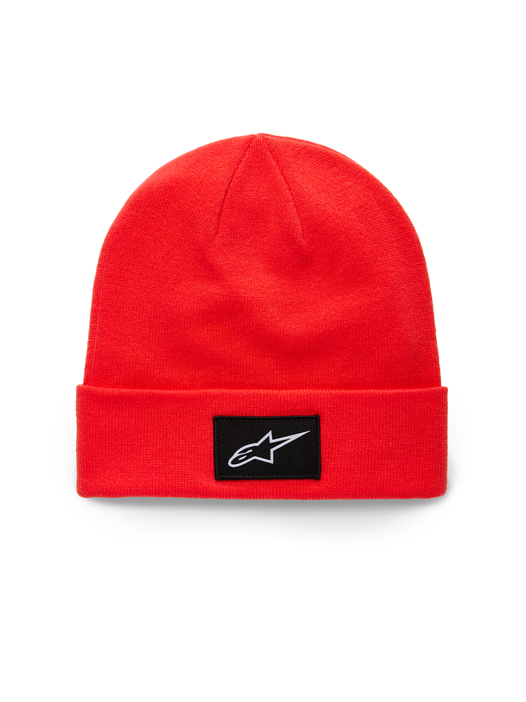 Alpinestars Augment Cuff Beanie, Bright Red cuffed knit beanie, featuring a black woven patch with a white Astars logo, casual sportswear