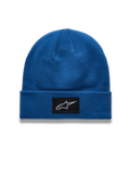 Alpinestars Augment Cuff Beanie, Blue knit jersey sportswear hat featuring a woven black Astars logo patch.