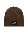 Alpinestars Augment Cuff Beanie, brown knit acrylic hat with a woven Astars logo patch and bike-chain border detail.